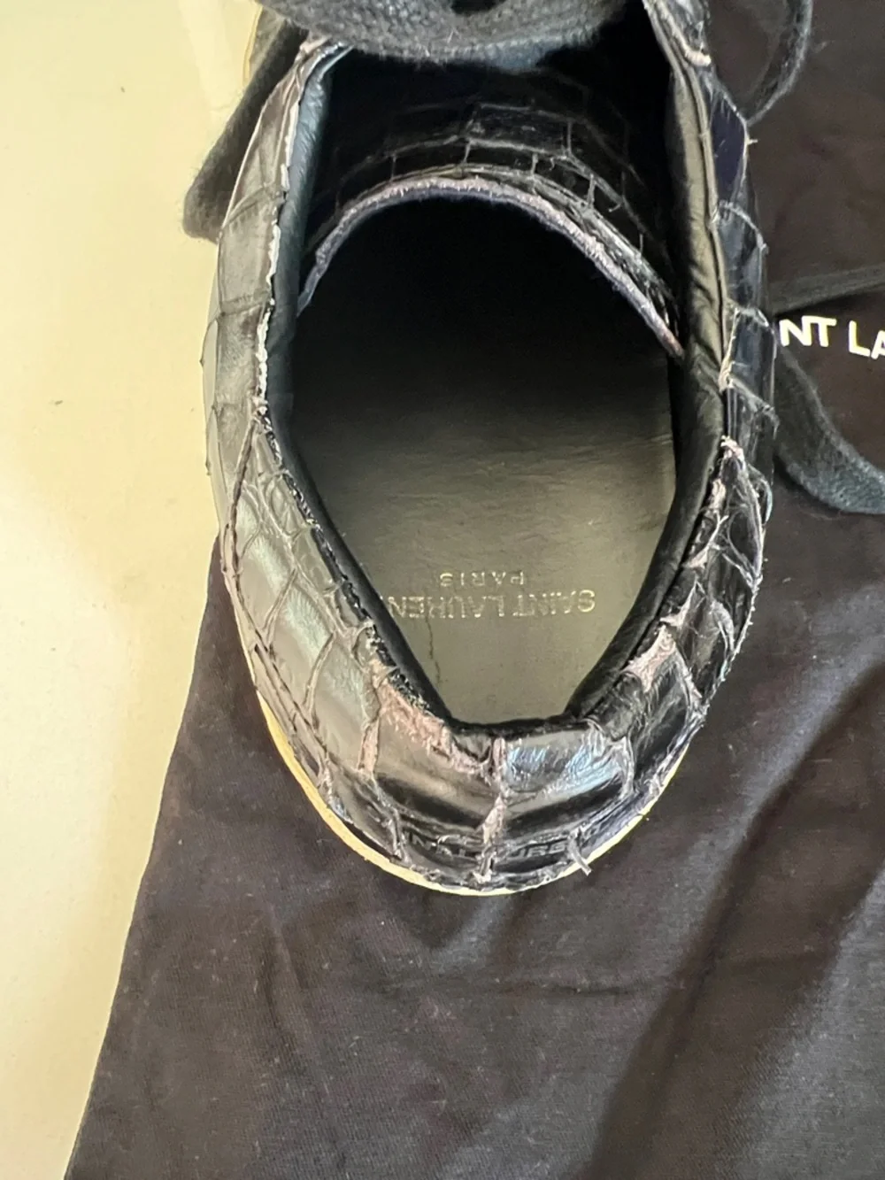 Saint Laurent Black Croc-Embossed Leather Lace-Up Sneakers with Gum Sole - Picture 6 of 7